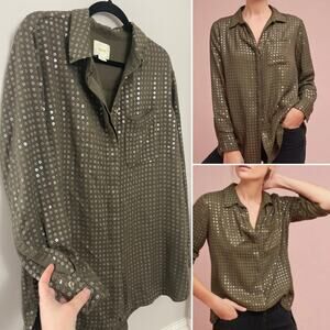 Anthropologie Shimmering Olive Button-Down Shirt